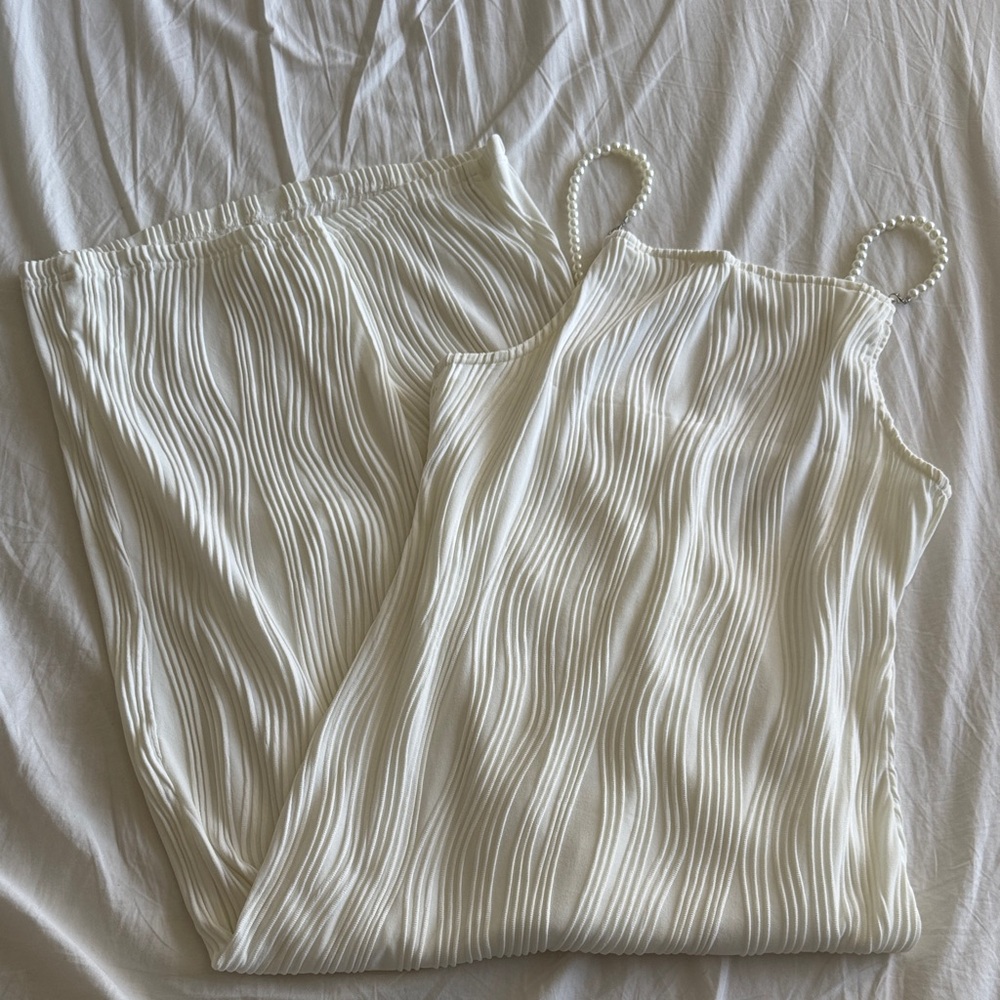 Rihoas White Textured Midi Dress with Pearl Straps